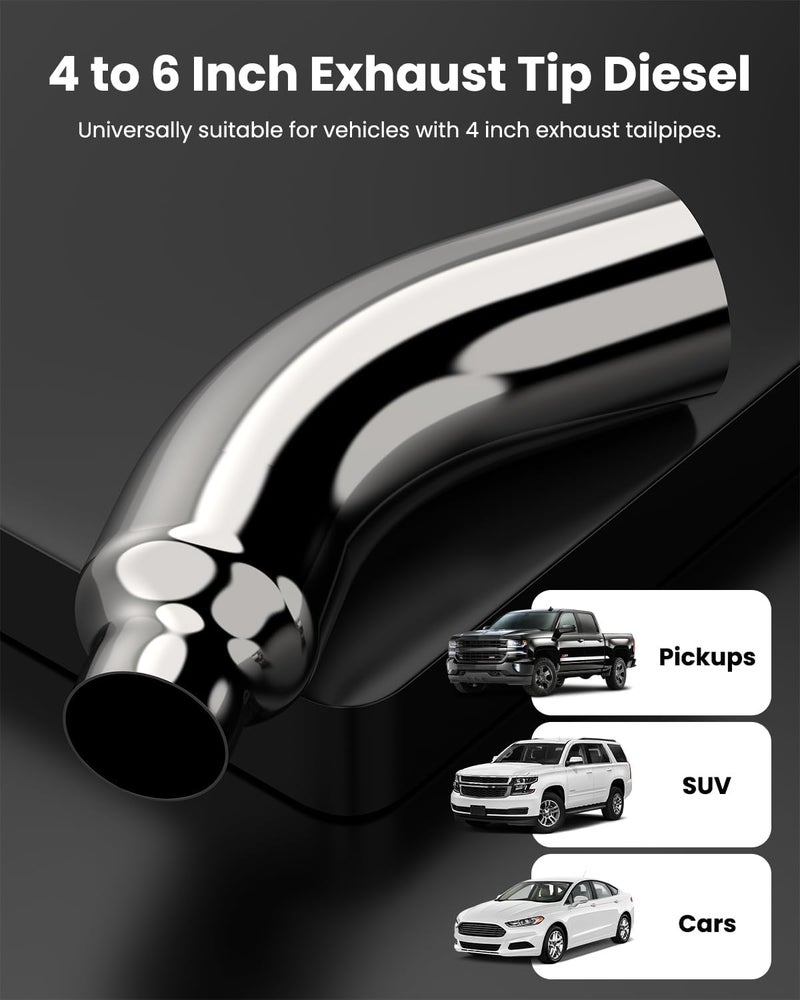 JY PERFORMANCE 4 Inch (ID) Diesel Exhaust Tip Elbow Tip 4'' Inlet 6'' Outlet 23'' Long Chrome Turndown Exhaust Tip with Clamp - Image 3